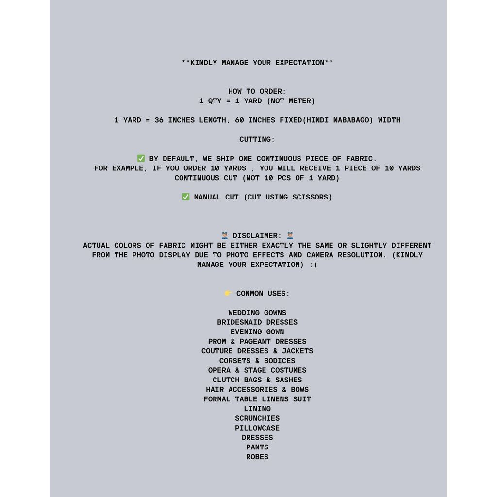 EMPRESS DUTCHESS SILK FABRIC PER YARD IS 36 INCHES AND 60 INCHES FIXED WIDTH BY FABNATION