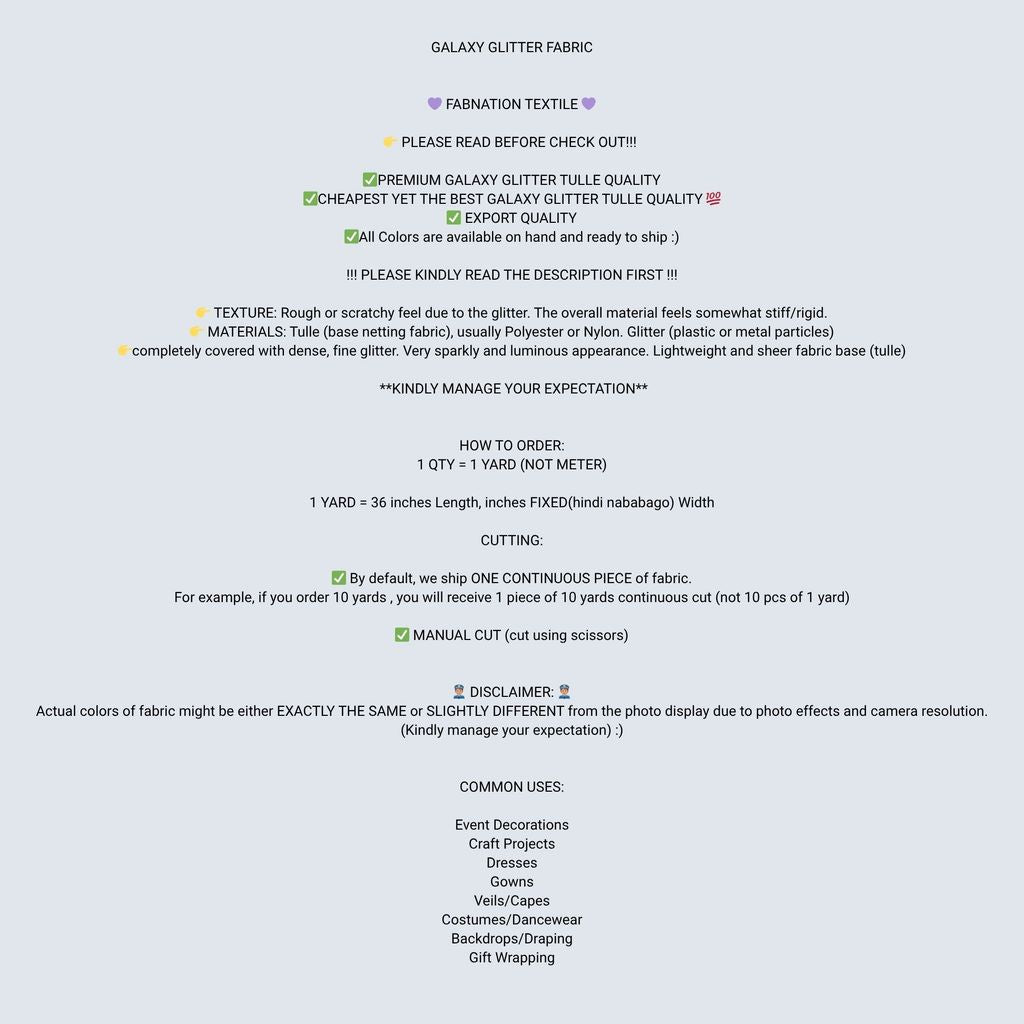 Galaxy Glittered Tulle With Falling Glitters  Per Yard is 36 Inches Length and Fixed 54 Inches Width