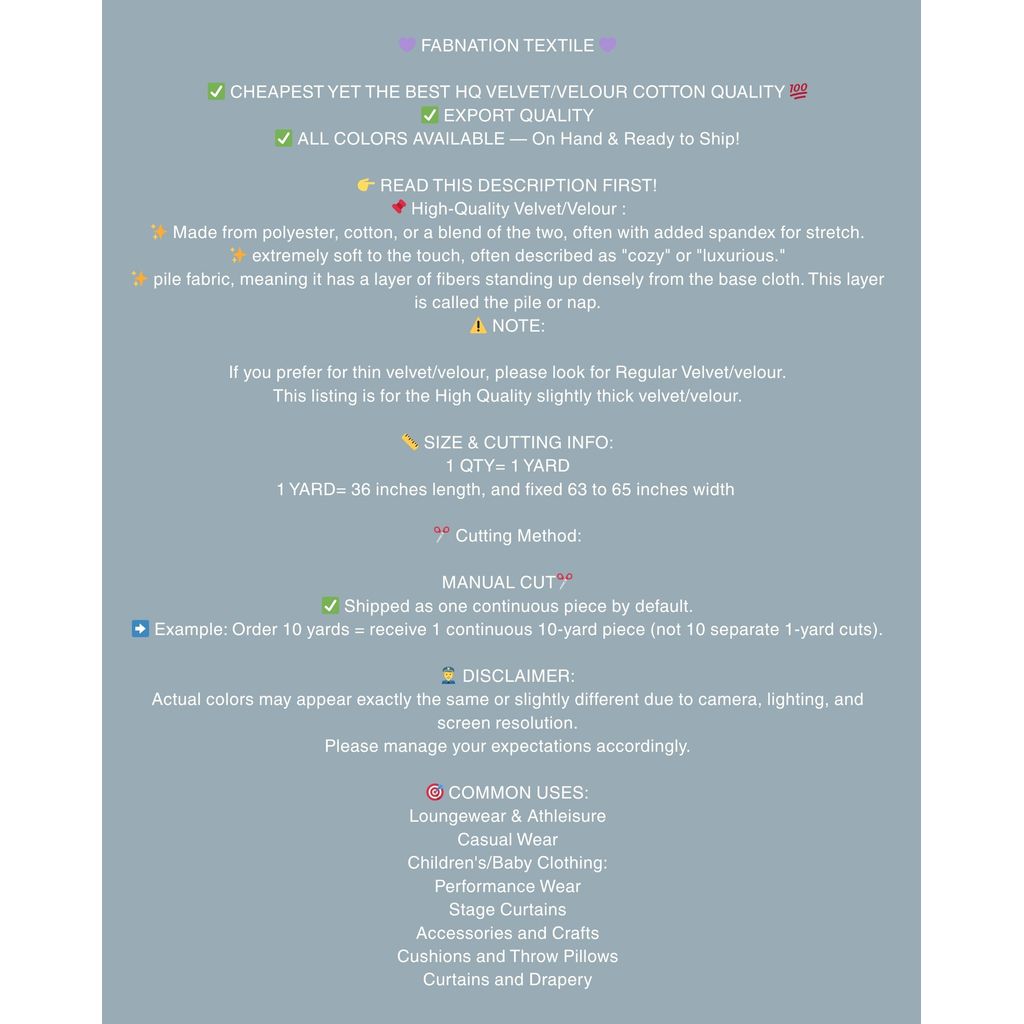 HIGH QUALITY VELVET/VELOUR FABRIC PER YARD IS 36 INCHES LENGTH WITH FIXED 63/65 WIDTH BY FABNATION