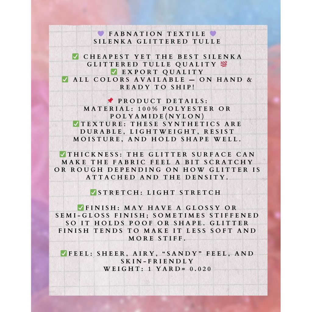 SILENKA GLITTERED TULLE WITH FALLING GLITTERS FABRIC PER YARD IS 36 INCHES LENGTH AND 60 FIXED WIDTH