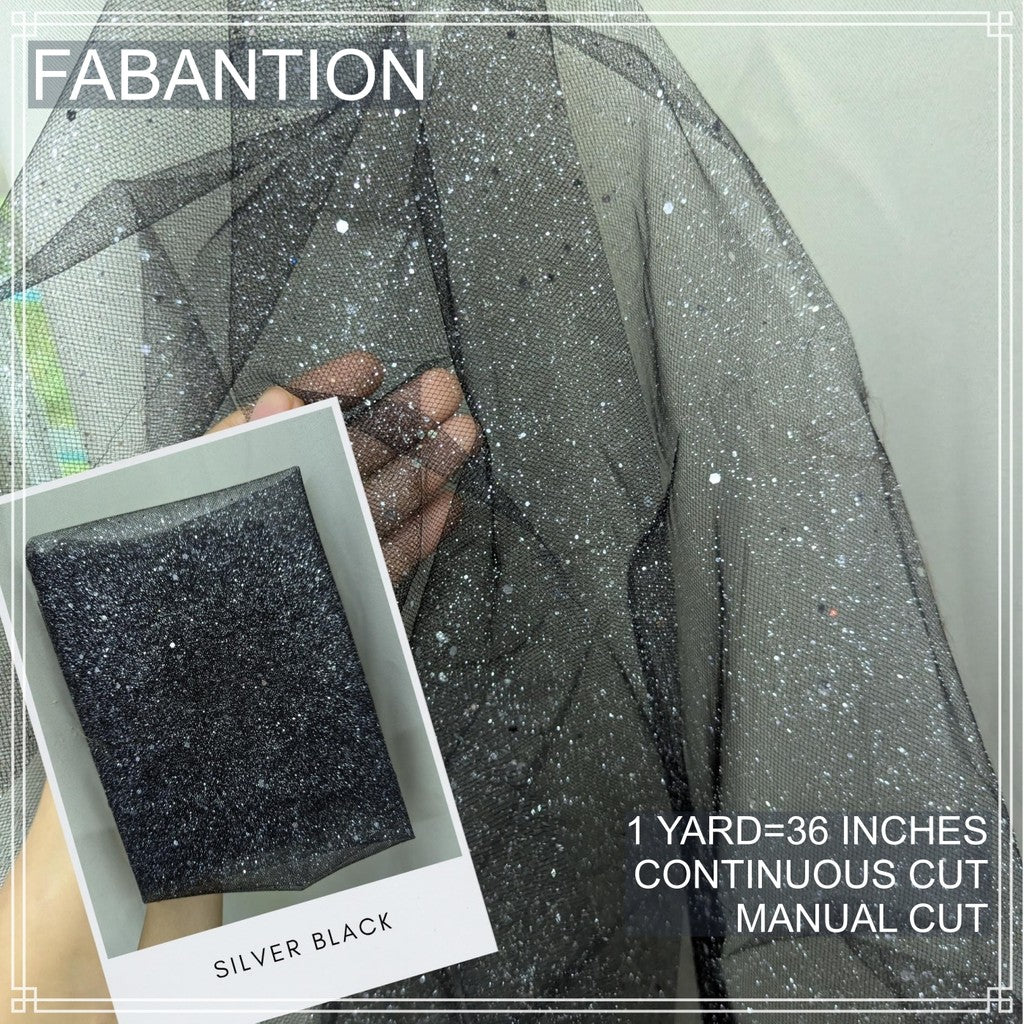 SILENKA GLITTERED TULLE WITH FALLING GLITTERS FABRIC PER YARD IS 36 INCHES LENGTH AND 60 FIXED WIDTH