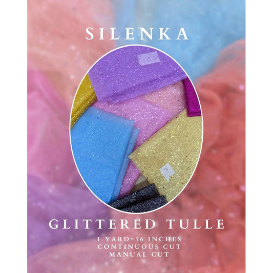 SILENKA GLITTERED TULLE WITH FALLING GLITTERS FABRIC PER YARD IS 36 INCHES LENGTH AND 60 FIXED WIDTH